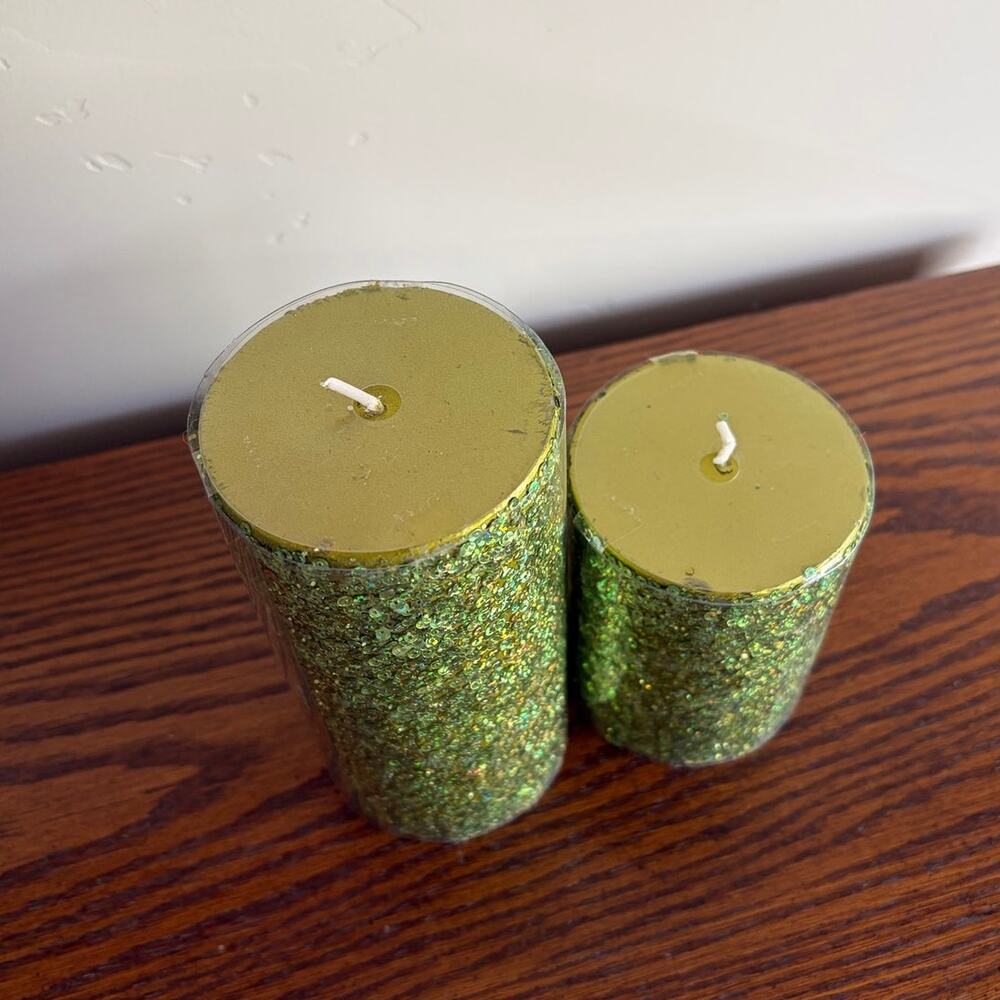 Celebrate It Sequin Shiny Green Decorative Halloween Pillar Candles 2PK - Picture 2 of 4
